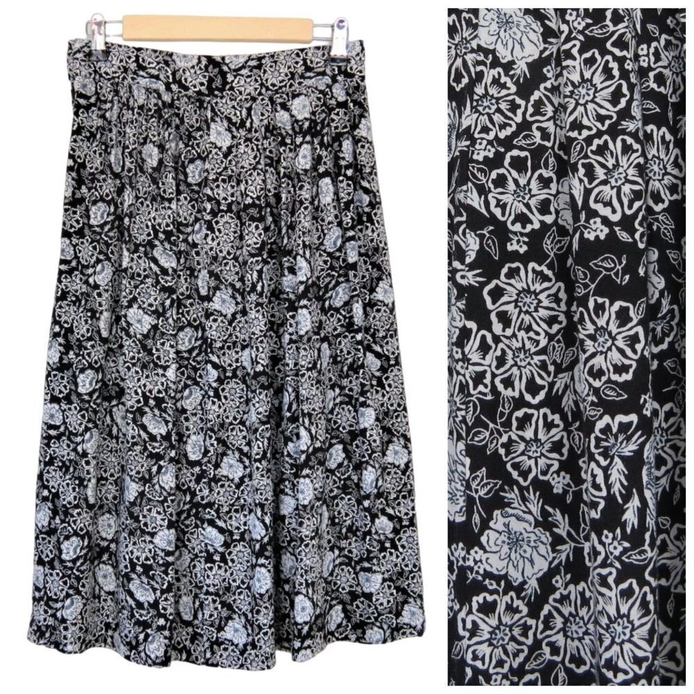 VINTAGE Women's 80s/90s Black White Printed Skirt Pleated Midi Skirt 28